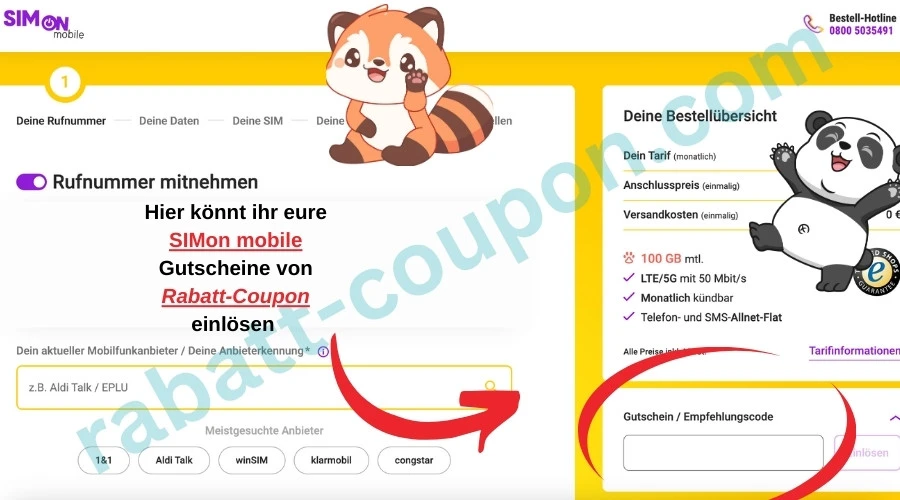 SIMon mobile Gutscheinfeld im Bestellprozess mit markiertem Eingabefeld für Gutscheincodes