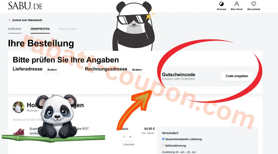 SABU.DE Gutscheinfeld im Bestellprozess mit markiertem Eingabefeld für Gutscheincodes