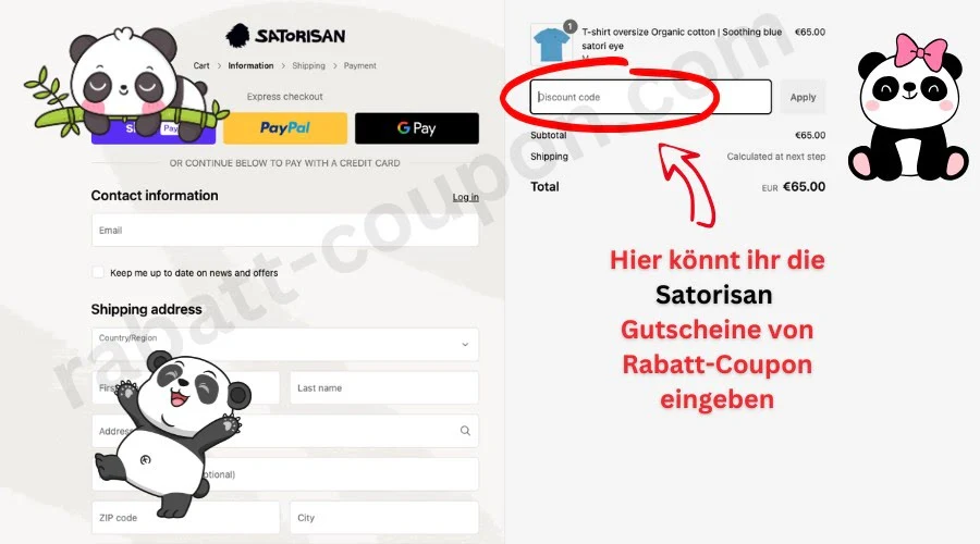 Screenshot des Satorisan-Checkouts mit markiertem Eingabefeld „Discount code“, in das der Gutscheincode vor dem Abschluss der Bestellung eingegeben wird.
