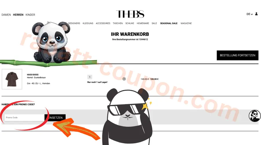 THEBS Warenkorb mit markiertem Promo-Code-Feld im Bestellbereich