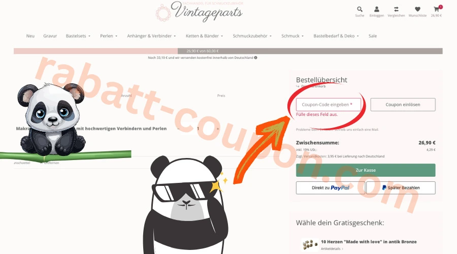 Vintageparts Gutscheinfeld im Warenkorb mit markiertem Eingabefeld für Coupon-Codes