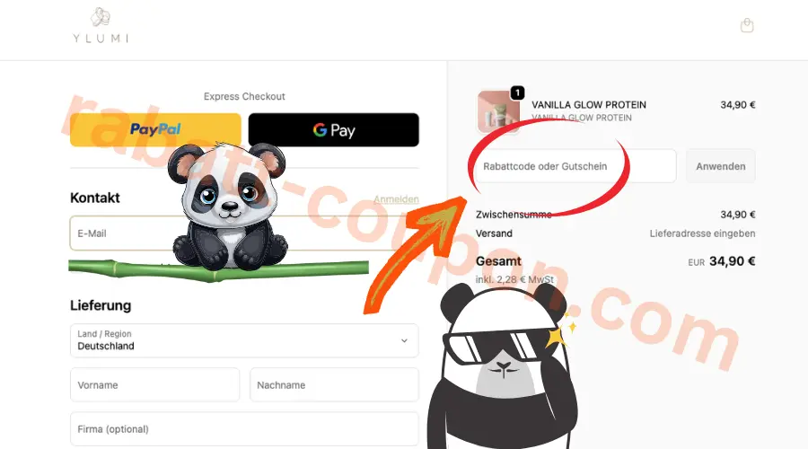 YLUMI Gutscheinfeld im Checkout mit markiertem Eingabefeld für Rabattcodes