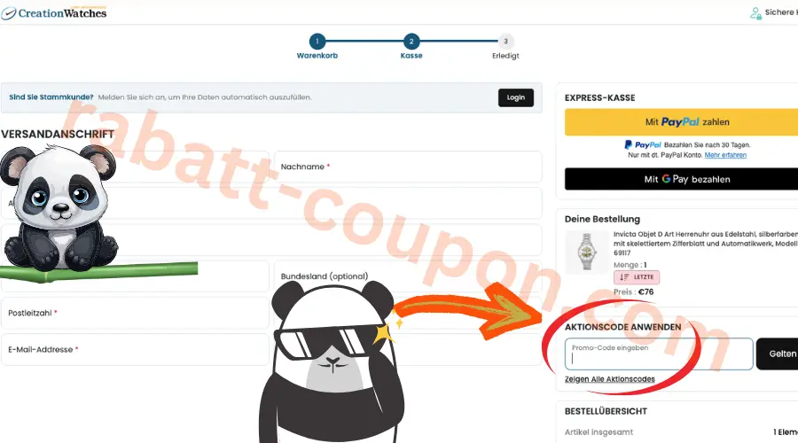 Creation Watches Aktionscode im Checkout mit markiertem Eingabefeld für Gutscheine
