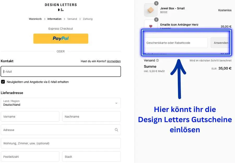 Design Letters Gutscheinfeld im Checkout mit markiertem Eingabefeld für Rabattcodes