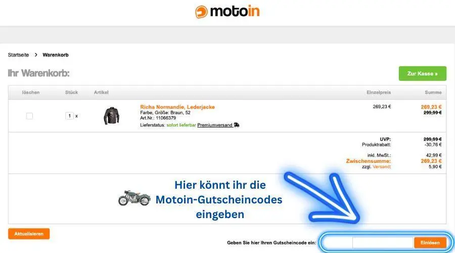 motoin.de Gutscheinfeld im Warenkorb mit markiertem Eingabefeld für Gutscheincodes