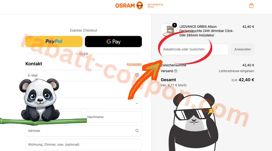 OSRAM Gutscheinfeld im Checkout mit markiertem Eingabefeld für Rabattcodes