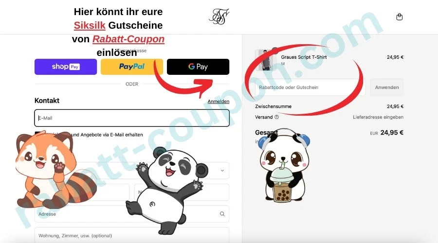 SikSilk Gutscheinfeld im Checkout mit markiertem Eingabefeld für Rabattcodes