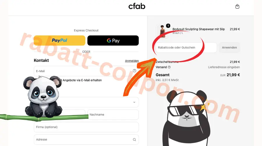 cfab Gutscheinfeld im Checkout mit markiertem Eingabefeld für Rabattcodes