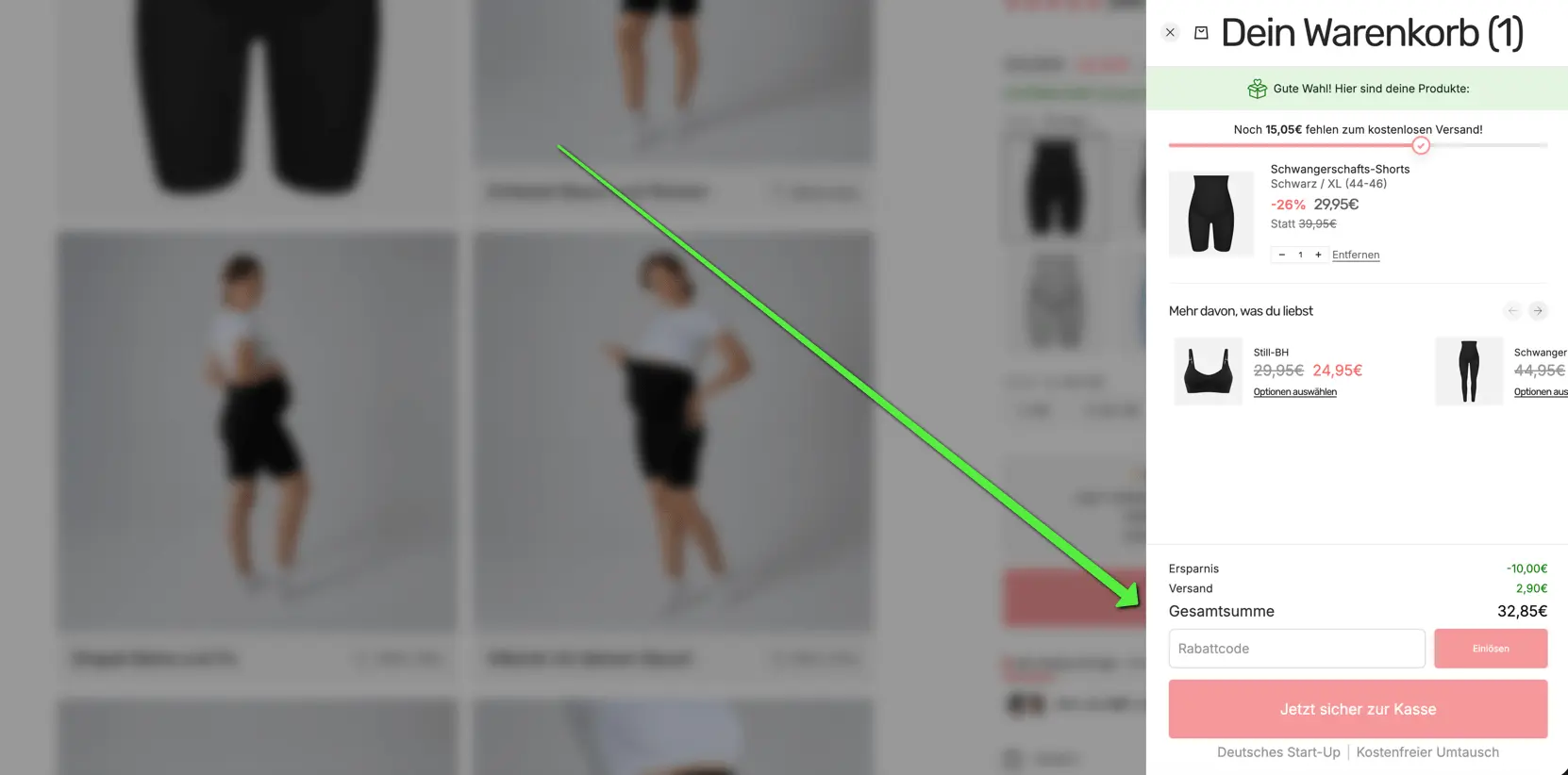Screenshot des Sivara-Warenkorbs mit markiertem Eingabefeld für den Rabattcode. Der grüne Pfeil zeigt, wo ein Sivara Gutscheincode vor dem Kauf eingegeben und eingelöst werden kann.