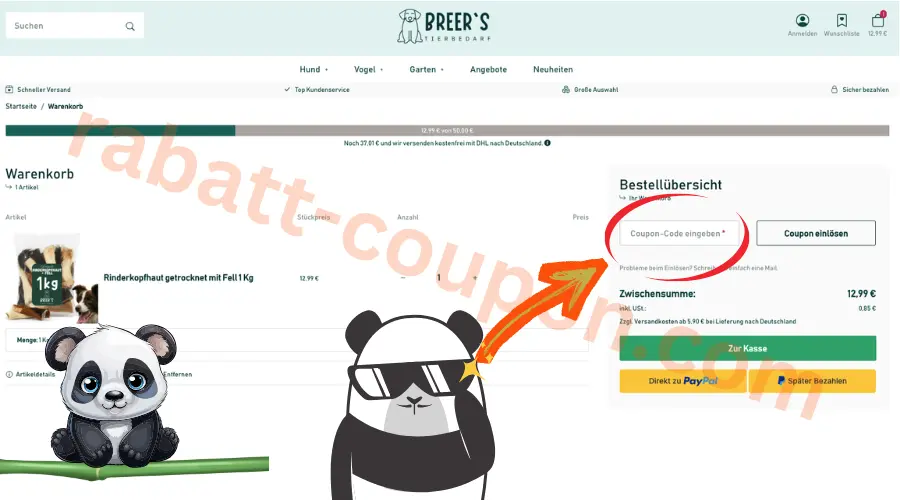 Breer-Tierbedarf Gutscheinfeld im Warenkorb mit markiertem Eingabefeld für Coupon-Codes