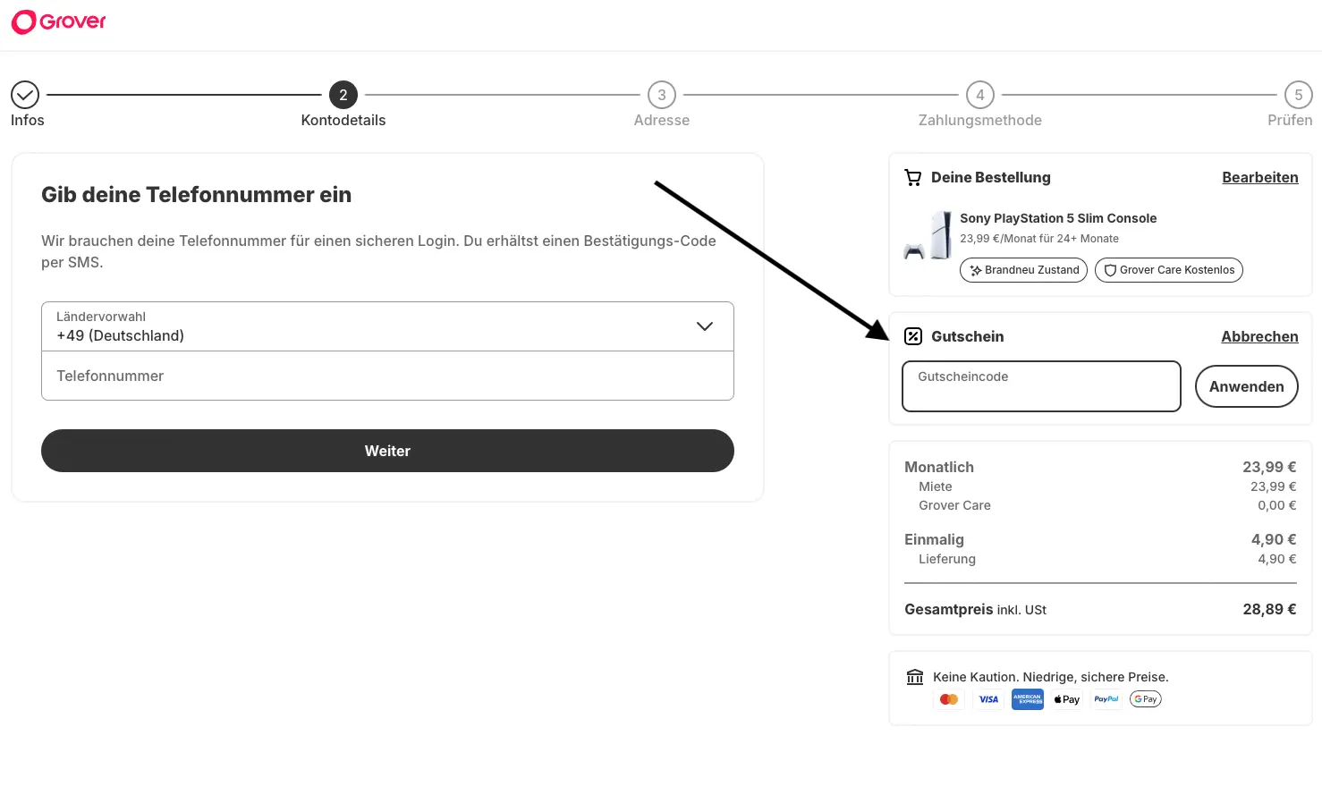 Grover Checkout mit Eingabefeld für einen Gutscheincode, Bestellung einer Sony PlayStation 5 Slim und Übersicht der Miet- und Versandkosten.