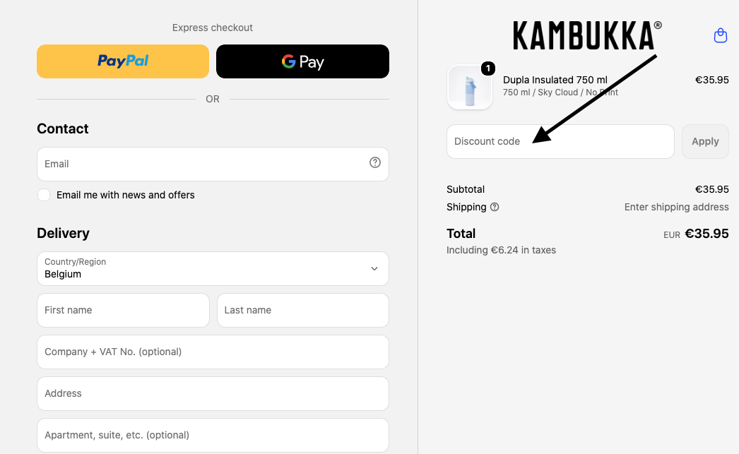 Kambukka Checkout mit Eingabefeld für einen Rabattcode neben der Bestellübersicht einer Dupla Insulated Trinkflasche.