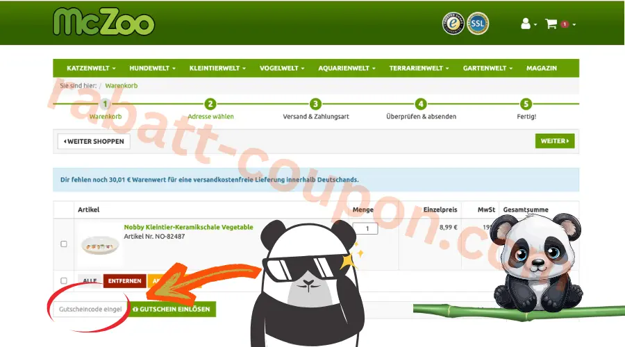McZoo Gutscheincode-Feld im Warenkorb mit markierter Eingabe für Rabattcodes