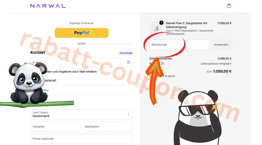 Narwal Rabattcode-Feld im Checkout mit markiertem Eingabefeld für Gutscheincodes