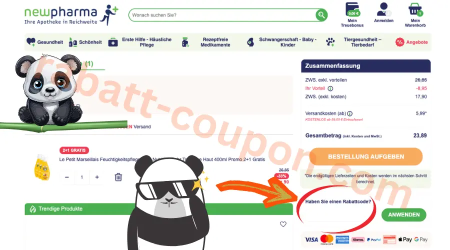 Newpharma Rabattcode-Feld im Warenkorb mit markiertem Eingabebereich für Gutscheincodes