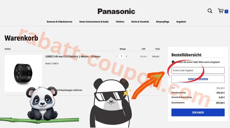 Panasonic Gutscheincode-Feld im Warenkorb mit markierter Eingabe für Promo-Codes