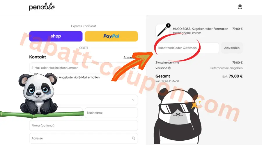 Penoblo Gutscheinfeld im Checkout mit markierter Eingabe für Rabattcodes