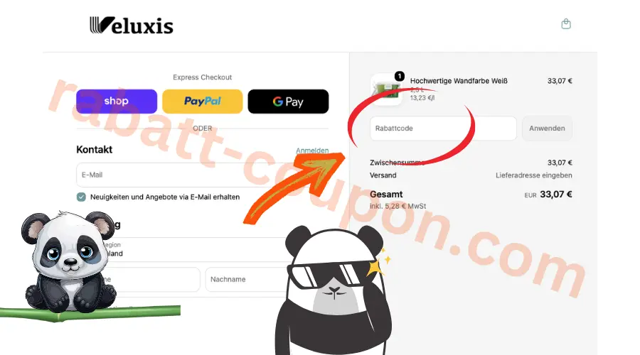 Veluxis Rabattcode-Feld im Checkout mit markiertem Eingabefeld für Gutscheine