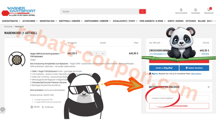 WAGNER DARTSPORT Gutscheinfeld im Warenkorb mit markiertem Eingabefeld für Coupon-Codes