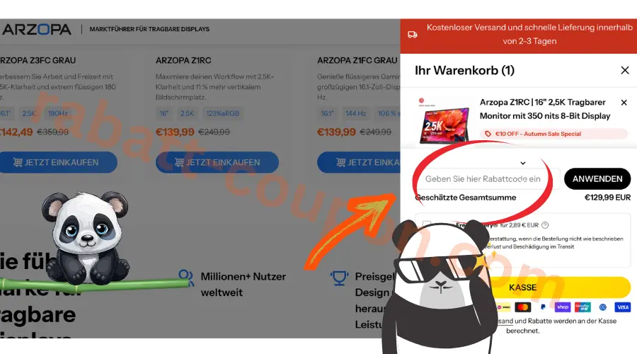 ARZOPA Gutschein im Warenkorb über das Rabattcode-Feld einlösen
