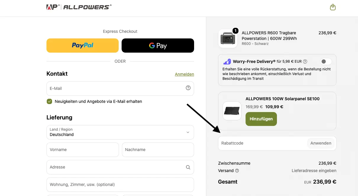 Allpowers Checkout mit Warenkorb, Powerstation und markiertem Eingabefeld für einen Rabattcode.