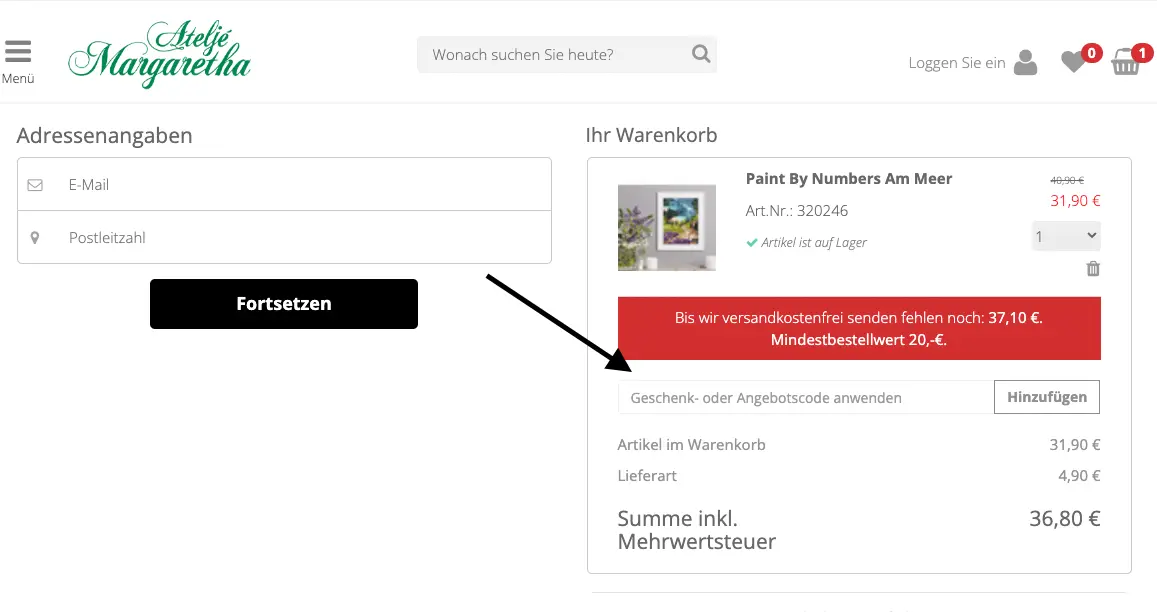 Ateljé Margaretha Warenkorb mit Eingabefeld für Geschenk- oder Angebotscode