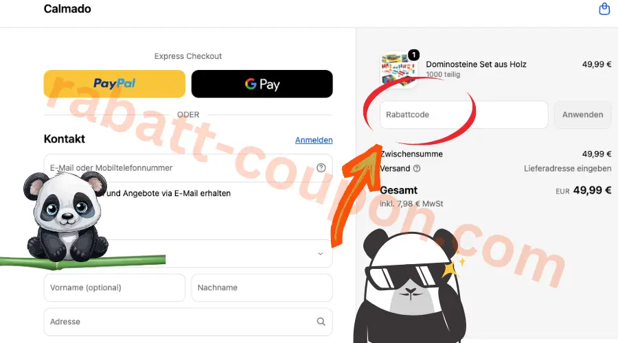 Calmado Gutscheincode-Feld im Checkout zur Eingabe eines Rabattcodes