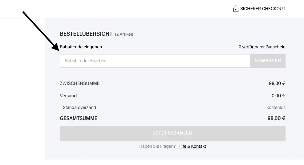 Cupshe Checkout mit markiertem Feld „Rabattcode eingeben“, in das ihr euren Cupshe Gutscheincode vor dem Bezahlen eintragen könnt.