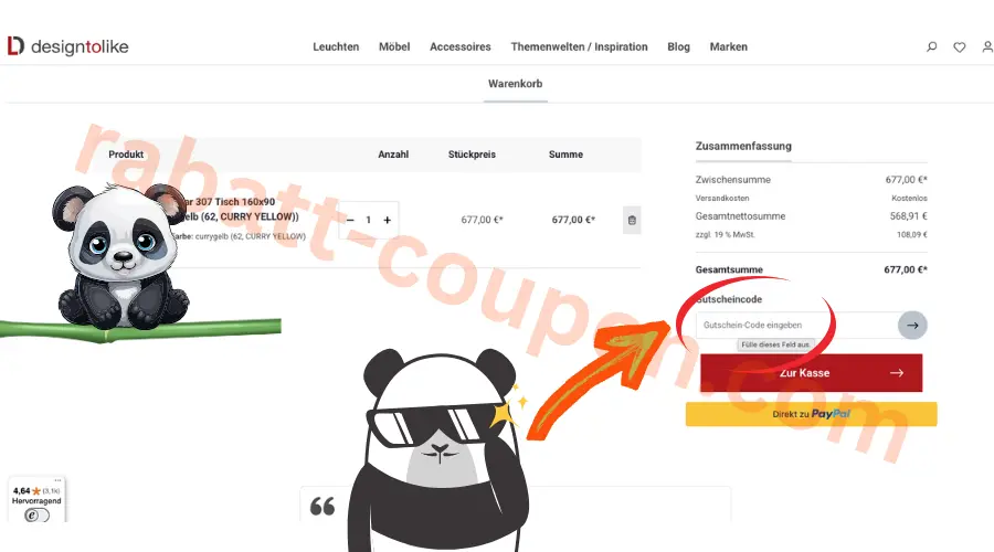 Designtolike Gutscheincode-Feld im Warenkorb mit markierter Eingabe für Rabattcodes