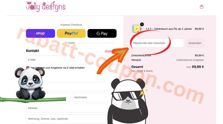 Jelly Designs Gutscheincode-Feld im Checkout zur Eingabe eines Rabattcodes