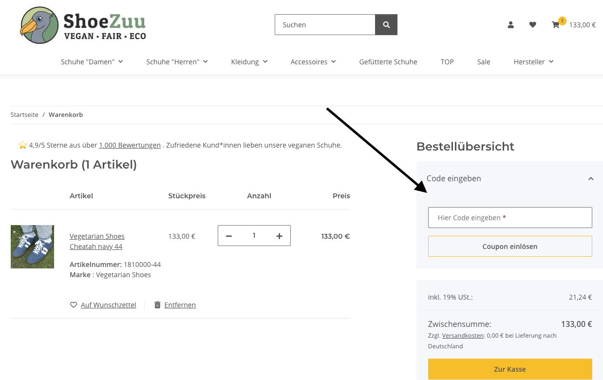 ShoeZuu Warenkorb mit markiertem Feld zur Eingabe eines Gutscheincodes