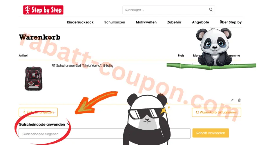Step by Step Gutscheincode-Feld im Warenkorb zur Eingabe eines Rabattcodes