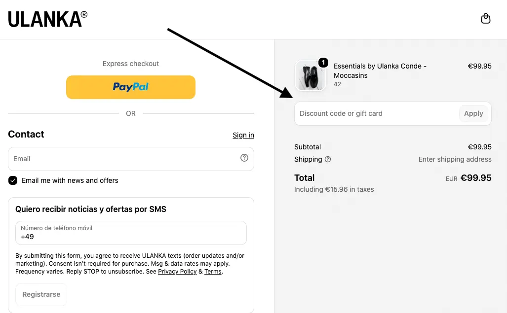 Ulanka Checkout mit markiertem Eingabefeld für Rabattcode oder Geschenkkarte