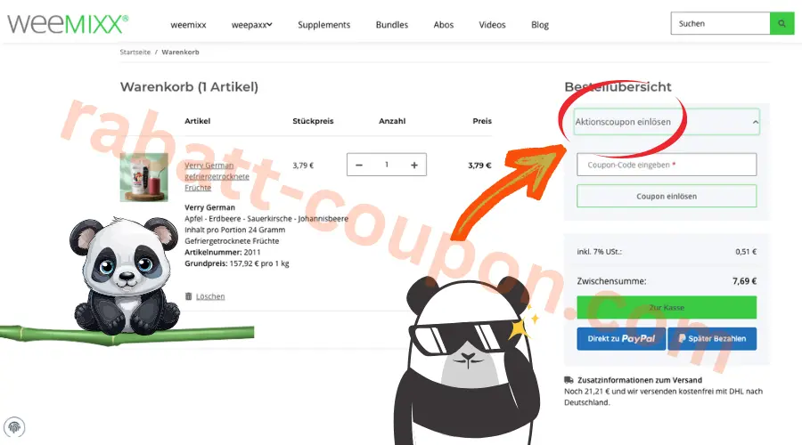 weeMIXX Gutscheincode-Feld im Warenkorb mit markierter Eingabe für Coupon-Codes