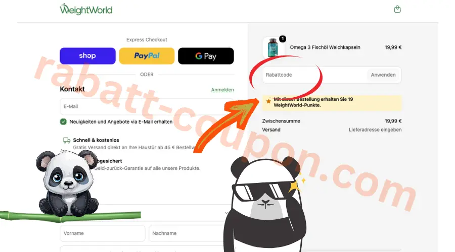 WeightWorld Rabattcode-Feld im Checkout mit markiertem Eingabefeld für Gutscheincodes