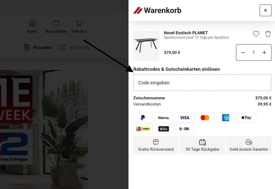 Zurbrüggen Warenkorb mit Feld zur Eingabe von Rabattcodes und Gutscheinkarten sowie Übersicht zu Versand, Zahlungsarten und Rückgabe.