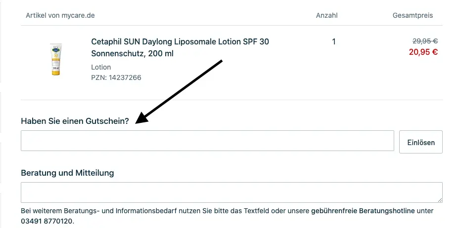 mycare.de Warenkorb mit Gutscheinfeld zum Einlösen eines Gutscheincodes